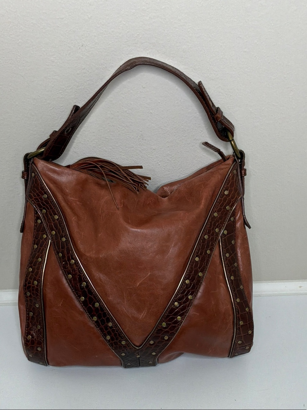 Via Spiga Cognac Leather Shoulder Bag with Studded Trim
